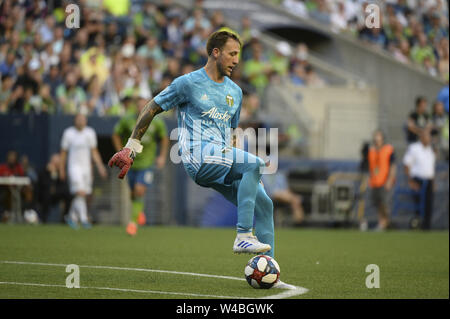 Seattle, WA, Stati Uniti d'America. 21 Luglio, 2019. MLS Soccer 2019: Portland legnami portiere Steve Clark (12) in azione durante una conferenza occidentale MLS di corrispondenza tra i legnami da Portland e le sirene di Seattle al secolo campo Collegamento a Seattle, WA. Credito: Jeff Halstead/ZUMA filo/Alamy Live News Foto Stock