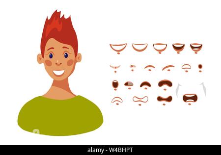 La testa di una giovane ragazza designer caratteri con emozioni diverse e sincronizzazione delle labbra. Set di bocca femmina personaggio dei cartoni animati nel design piatto, illustrazione di vettore isolato su sfondo bianco. Illustrazione Vettoriale