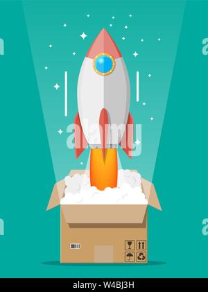 Cartoon rocket espulso dalla scatola di cartone. Illustrazione Vettoriale