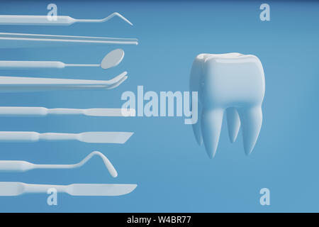 Immagine di un dente su uno sfondo blu con un dentista's tools. Dentista impostare gli strumenti per ispezionare i denti. Il rendering 3D. Foto Stock