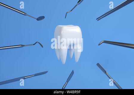 Immagine di un dente su uno sfondo blu con un dentista's tools. Dentista impostare gli strumenti per ispezionare i denti. Il rendering 3D. Foto Stock