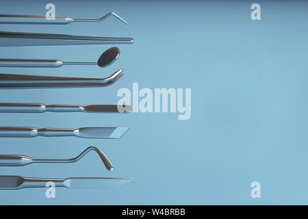 Immagine di un dentista di strumenti su uno sfondo blu. Dentista impostare gli strumenti per ispezionare i denti. Il rendering 3D. Foto Stock