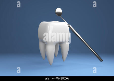 Immagine di un dente su uno sfondo blu con un dentista's tools. Gli strumenti del dentista per ispezionare i denti. Il rendering 3D. Foto Stock