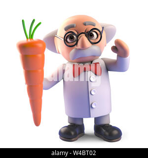 Cartoon mad professor scienziato carattere tenendo un nutriente carota vegetale, 3D render illustrazione Foto Stock