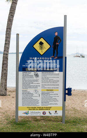 Una spiaggia cartello segnaletico a Airlie Beach nel Queensland, in Australia. Stinger Marine, noto anche come ÔBox medusa,Õ è la più letale worldÕs meduse. Foto Stock
