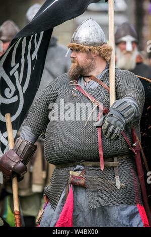 Heysham, Lancashire. Il 21 luglio 2019. Viking Festival con una storia viva encampment, parade, battaglia rievocazione, display delle armi, e costumi. Foto Stock
