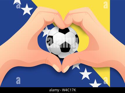 La Bosnia e Erzegovina bandiera a mano e a forma di cuore. Nazionale di calcio. sfondo Pallone da calcio con la bandiera della Bosnia e Erzegovina illustrazione vettoriale Illustrazione Vettoriale