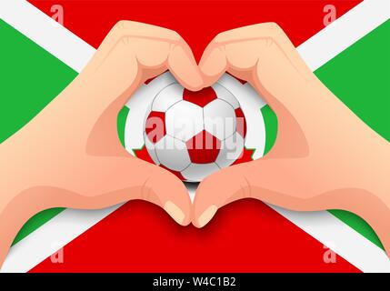 Burundi bandiera a mano e a forma di cuore. Nazionale di calcio. sfondo Pallone da calcio con la bandiera del Burundi illustrazione vettoriale Illustrazione Vettoriale