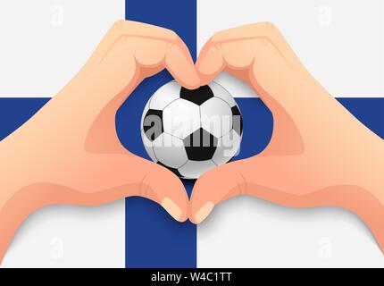 Bandiera della Finlandia e della mano forma di cuore. Nazionale di calcio. sfondo Pallone da calcio con la bandiera della Finlandia illustrazione vettoriale Illustrazione Vettoriale