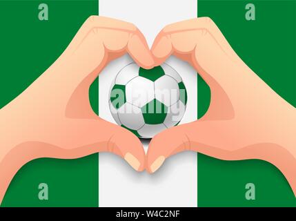 Nigeria bandiera a mano e a forma di cuore. Nazionale di calcio. sfondo Pallone da calcio con la bandiera della Nigeria illustrazione vettoriale Illustrazione Vettoriale