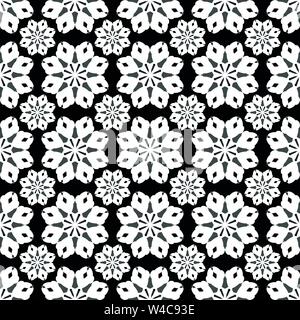 Monocromatico pattern seamless vintage ornamento etnico su sfondo nero Illustrazione Vettoriale