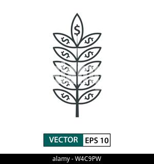 Icona di foglia con il simbolo del dollaro. Lo stile della linea. Isolato su sfondo bianco. Illustrazione vettoriale EPS 10 Illustrazione Vettoriale