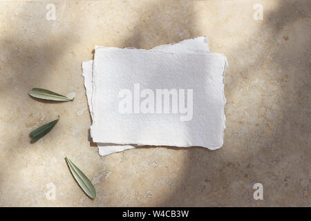 Estate wedding stationery mock-up scena. Blank carta di cotone biglietti di auguri e inviti con foglie di olivo. Elegante Sfondo marmo in presenza di luce solare, shad Foto Stock