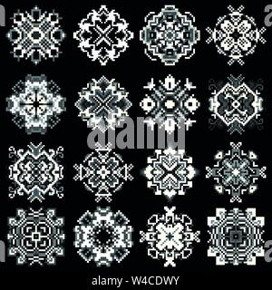 Mandala di pixel su uno sfondo nero collezione di simboli Illustrazione Vettoriale