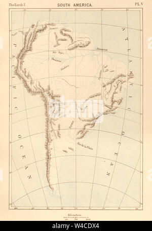 Sud America. Fisica. Montagne e fiumi 1886 antica mappa grafico del piano Foto Stock