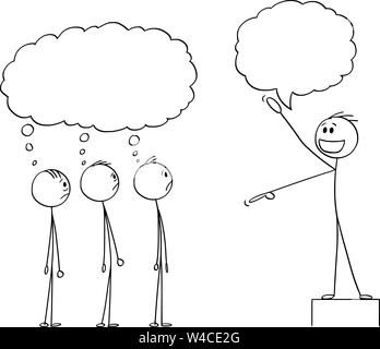 Vector cartoon stick figura disegno illustrazione concettuale di entusiastico uomo, business leader o capo o il manager parlando al gruppo o team di dipendenti o folla. Essi stanno pensando qualcosa su di lui. Illustrazione Vettoriale