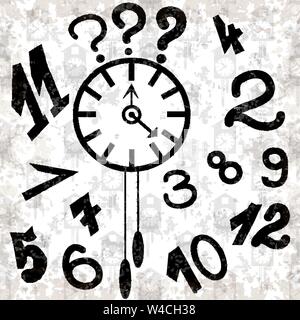 Orologio e i numeri su sfondo bianco effetto grunge illustrazione vettoriale Illustrazione Vettoriale