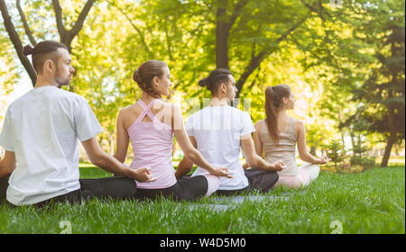 Quattro amici godendo di meditazione del mattino in posizione di parcheggio Foto Stock