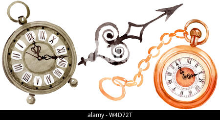 Vintage vecchio orologio orologio da tasca. Acquerello illustrazione dello sfondo impostato. Orologi isolato illustrazione elemento. Foto Stock