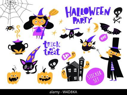 Set di vettore di stile cartoon Halloween adesivi design Illustrazione Vettoriale