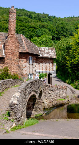 Packhorse ponte sopra il fiume Aller.Allerford è un villaggio di Somerset sul bordo di Exmoor. Somerset England Regno Unito Foto Stock