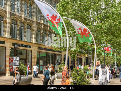 CARDIFF, GALLES - Luglio 2019: gallese battenti bandiera del Hayes, che fa parte del centro commerciale della città di Cardiff Foto Stock