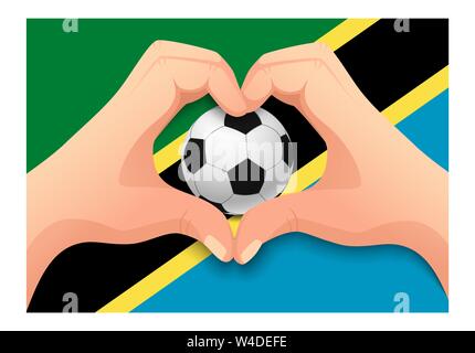 Tanzania bandiera a mano e a forma di cuore. Nazionale di calcio. sfondo Pallone da calcio con la bandiera della Tanzania illustrazione Foto Stock