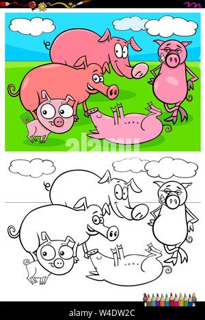 Cartoon illustrazione dei suini divertente animale da azienda caratteri libro da colorare attività Illustrazione Vettoriale