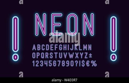 Neon alfabeto arrotondati, blu color porpora. Il Neon delineato font, set di bicromia incandescente lettere, numeri, valuta e diversi segni e simboli. Vettore t Illustrazione Vettoriale