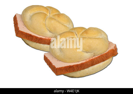 Due panini con la pagnotta di carne, isolato su sfondo bianco Foto Stock