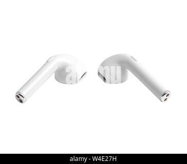 Bianco cuffie senza fili isolati su sfondo bianco vista frontale. Bianco auricolare bluetooth Foto Stock