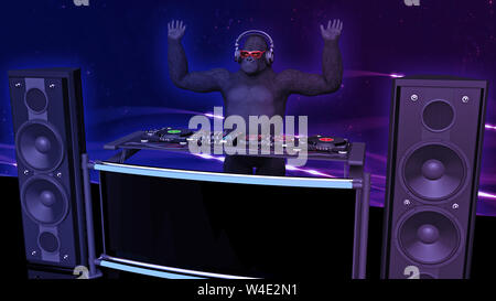 DJ gorilla disc jockey scimmia con le mani fino a giocare la musica sul giradischi, ape sul palco con deejay Equipaggiamento audio, vista laterale, rendering 3D Foto Stock