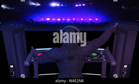 DJ gorilla disc jockey monkey con microfono riproduzione di musica sul giradischi, ape sul palco con deejay Equipaggiamento audio, vista posteriore, rendering 3D Foto Stock