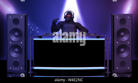 DJ gorilla disc jockey monkey con microfono riproduzione di musica sul giradischi, ape sul palco con deejay Equipaggiamento audio, vista frontale, rendering 3D Foto Stock