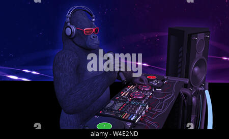 DJ gorilla disc jockey monkey con microfono riproduzione di musica sul giradischi, ape sul palco con deejay Equipaggiamento audio, vista laterale, rendering 3D Foto Stock