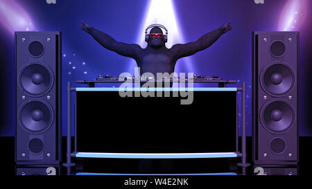 DJ gorilla disc jockey monkey puntamento e la riproduzione di musica sul giradischi, ape sul palco con deejay Equipaggiamento audio, vista frontale, rendering 3D Foto Stock