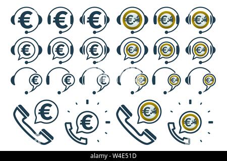 Le icone delle cuffie con il simbolo dell'euro. Il sostegno finanziario di icone vettoriali. Illustrazione Vettoriale