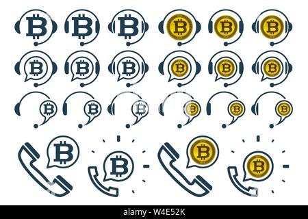 Le icone delle cuffie con bitcoins. Il sostegno finanziario di icone vettoriali. Illustrazione Vettoriale