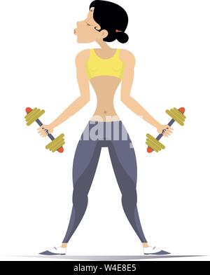 Bella giovane donna fa esercizi con dumbbells illustrazione. Bella giovane donna fa esercizi con il peso nero su bianco Illustrazione Vettoriale