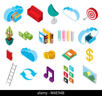 Bundle di storage del centro dati set isometrica Icone Illustrazione Vettoriale
