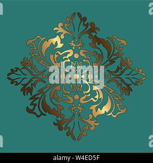 Golden vector pattern su uno sfondo verde. Damaschi ornamento grafico. Floreali elemento di design Illustrazione Vettoriale