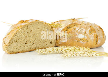 Gruppo di una metà di un intero fresco cotto segale pane di frumento con tre dorate spighe di grano di fronte isolato su sfondo bianco Foto Stock