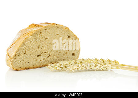 Una metà di freschi di forno di segale pane di frumento con tre dorate spighe di grano isolato su sfondo bianco Foto Stock