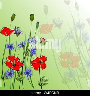 Bel bouquet di cornflowers, papaveri e grano spikelets. L'idea migliore per biglietti d'auguri, inviti design di nozze Illustrazione Vettoriale