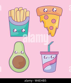 Le patatine fritte con la pizza e il set di icone di stile kawaii illustrazione vettoriale design Illustrazione Vettoriale