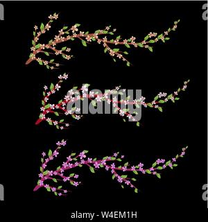 Set di Sakura rami con fiori, fiori di ciliegio, illustrazione vettoriale Illustrazione Vettoriale