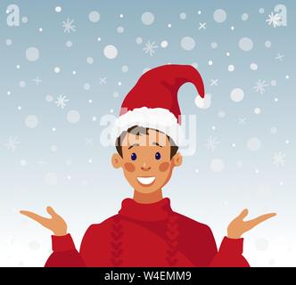 Il ragazzo del maglione rosso e cappello da Babbo Natale e neve. Stock illustrazione vettoriale. Scheda di Natale, elemento di design, di tipo piatto. Auguri di Buon Natale. Appartamento in stile fumetto illustrazione vettoriale. Illustrazione Vettoriale