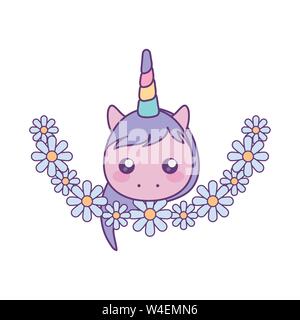 Testa di piccolo grazioso baby unicorn con la corona di fiori illustrazione vettoriale design Illustrazione Vettoriale