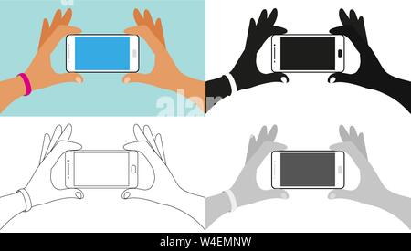 Le due mani sono in possesso di un smartphone con uno schermo vuoto. Mani tenendo il telefono, il set di icone a colori, contorno, silhouette, in scala di grigi. Elementi per istruzione, comunicazione sociale. Vettore di stock. Illustrazione Vettoriale