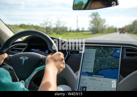 Uomo alla guida di Tesla Model S con navigazione sullo schermo accanto. Interno rivestito in bianco e nero e in pelle grigia. Foto Stock